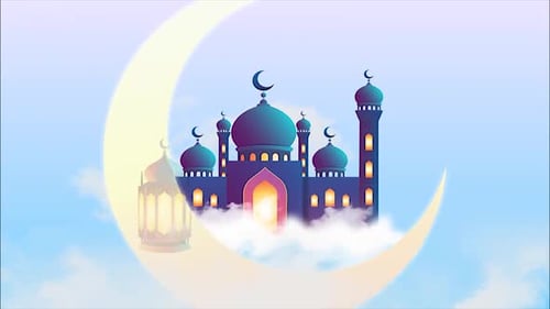 Elegant Animated Mosque and Lantern with Crescent Moon for Ramadan