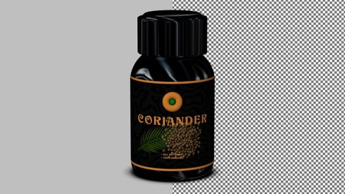 Coriander spice in black bottle rotates smoothly, perfect looped footage for creative projects