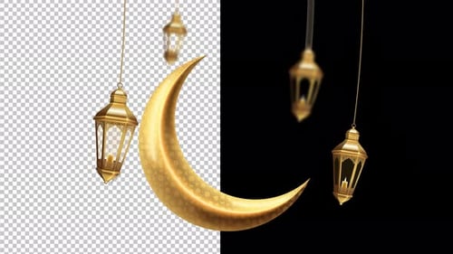 Elegant Golden Crescent Moon and Hanging Islamic Lanterns