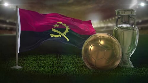 Angola Flag Waving with Soccer Ball and Trophy in Stadium