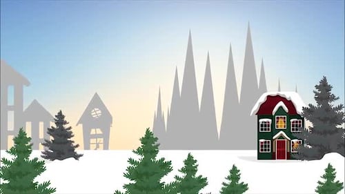Scrolling Winter Village Scene with Falling Snow