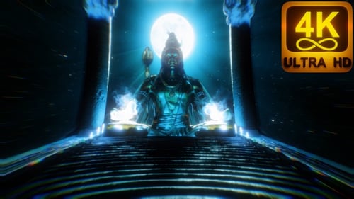 Shiva god hindu temple bright moon space background 3d blue flame powerful energy flowing 4k trippy