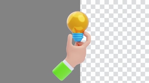 Animación 3D de una bombilla sujetando la mano