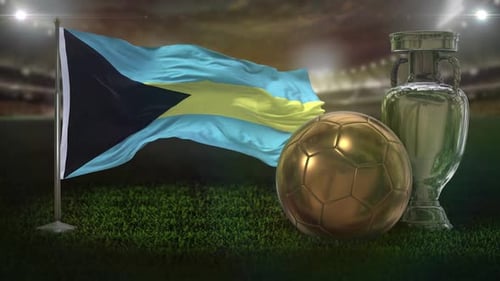 Waving Bahamas Flag with Golden Soccer Ball and Silver Trophy