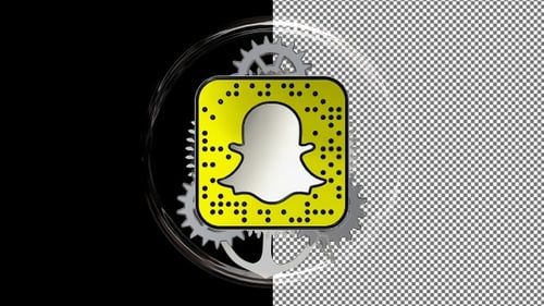 Logotipo giratório do Snapchat com mecanismo de relógio atrás do vidro, canal alfa, exclusivo, renderização 3D