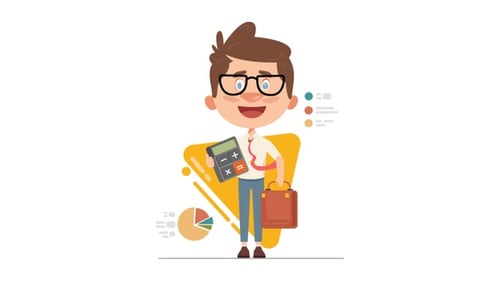 Animated Business Person with Calculator and Financial Data Charts