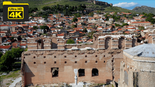 Aerial view of the Roman temple Red Hall Basilica in Bergama city, Turkey