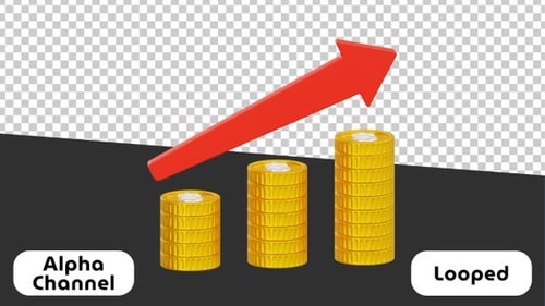Animated 3D Stacked Coins with Upward Arrow Showing Rising Interest Rates | Alpha Channel