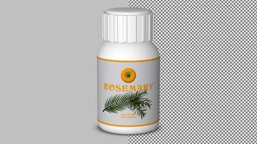 Rosemary in white bottle spinning gracefully, polished transparent loop for design applications