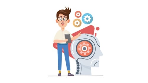 Man Interacting with Artificial Intelligence Head and Gears Animation