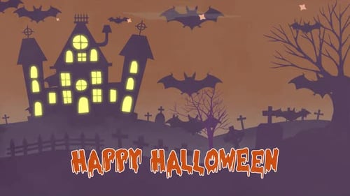 Animated Halloween Scene with Spooky Haunted House and Flying Bats