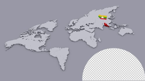 3D World Map Animation Zoom to Myanmar with Flag