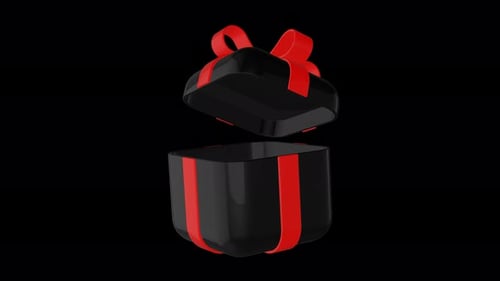 Open gift box 3D render animation. Black and red gift box on transparent background. black friday
