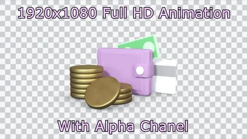 3D Animated Wallet with Banknote and Coins