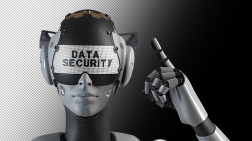 Der Roboter macht eine Geste, die die Informationen auf dem Display „Datensicherheit“ anzeigt.