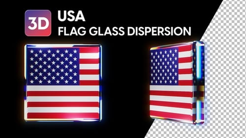 USA United States Icon Badge 3D Flag Cube Rounded Glass Dispersion Realistic Loop Rotation 360