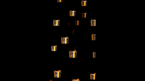 Vertical video black and orange flying gift boxes loop animation background