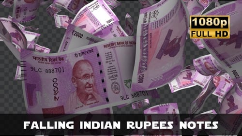 Falling Indian Rupee 2000 Banknotes Alpha Channel Loop