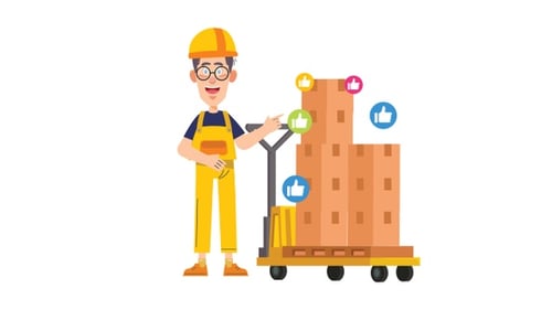 Animated Worker Moving Boxes with Social Media Icons