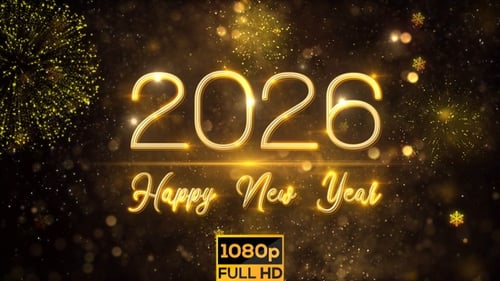 Happy New Year 2026 Title with Golden Fireworks and Glitter Particles