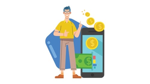 Animated Character with Mobile Payment App and Floating Money