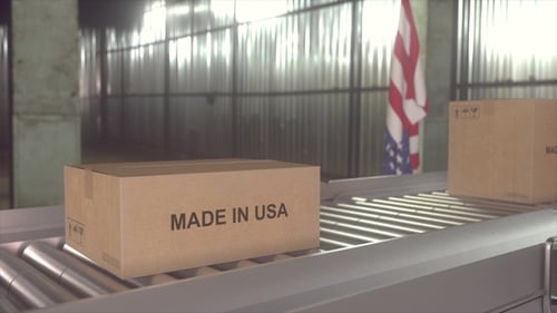 Made in USA - 3D Conveyor Belt Animation with Moving Boxes