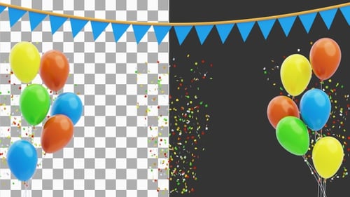 3D Animation of Kids Party Hot Air Balloons with Confetti | Alpha Channel