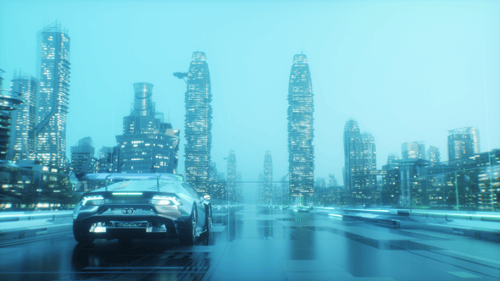 Sports Car Riding On Endless Road With Futuristic City Buildings Loop