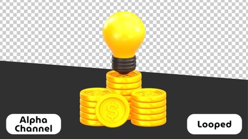 3D Lightbulb on Gold Coin Stacks Financial Idea | Alpha Channel