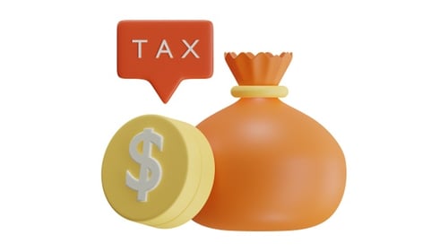 3D Render of Money Bag with Gold Dollar Coins and Tax Label