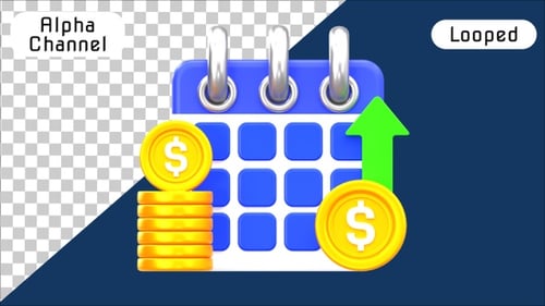 Animated 3D Calendar with Gold Coins and Upward Arrow