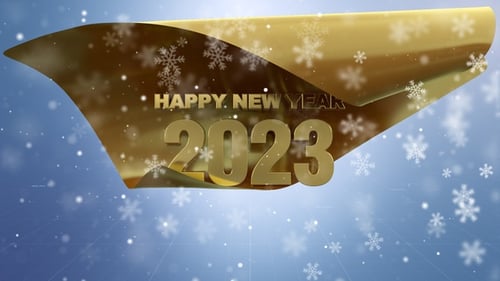 Happy New Year 2023 Golden Ribbon Text Reveal with Snowflakes