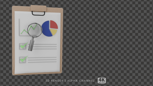 3D Animated Clipboard with Business Data Analysis and Checklist