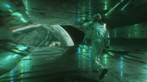 Astronaut Walking In Futuristic Tunnel With Neon Glowing Lights And Planet Earth View