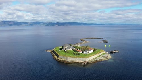 Nature. Beautiful landscape. Drone view. Bridge Over Sea, Drone Flying Over town. Lofoten, Norway.