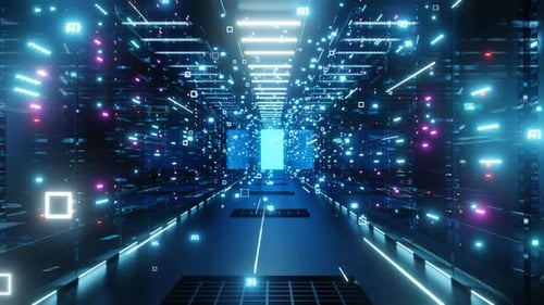 Data center with endless servers. Network and information servers behind glass panels. Big data.