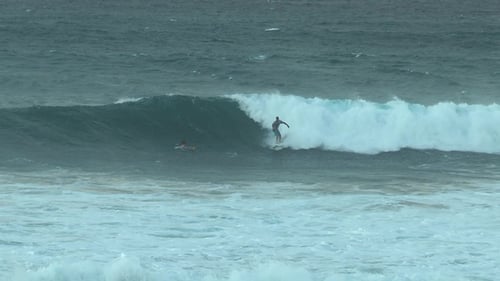 Un surfista surfea las poderosas olas del océano en la costa norte de la isla de Maui en Hawái.