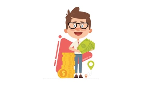 Animated Character Holding Money with Coins and Location Pin