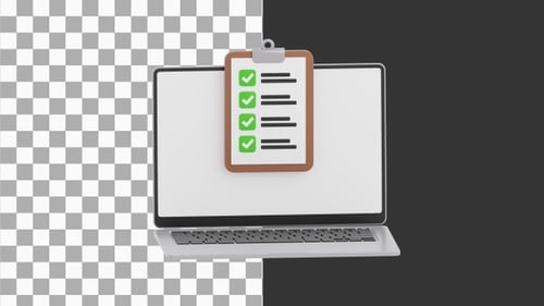 3D Animation of Checklist Clipboard on Laptop Finance Business Forms | Alpha Channel
