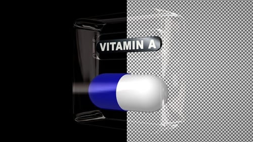 Vitamin A Pill in a Glass Cube, Capsule, Alpha Channel, Looped