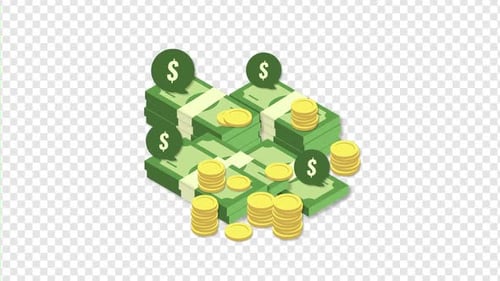 Animated Isometric Stacks of Money and Coins with Dollar Signs