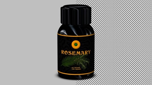 Rosemary in black bottle rotates seamlessly, clean loop with transparency for design purposes