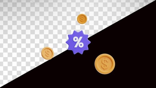 Символ скидки с плавающими денежными монетами, 3D-анимация