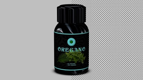 Oregano in glossy black bottle spinning smoothly with transparency, great for design projects