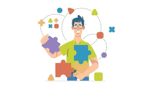 Animated Man Solving Puzzle with Geometric Shapes