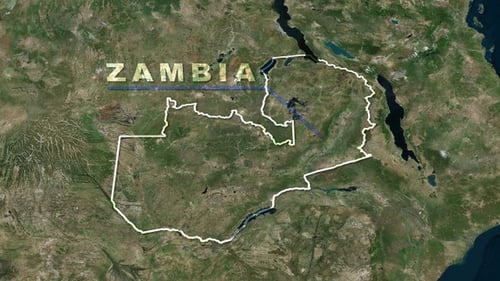 World Map Zoom to Zambia Country Highlight and Text Reveal