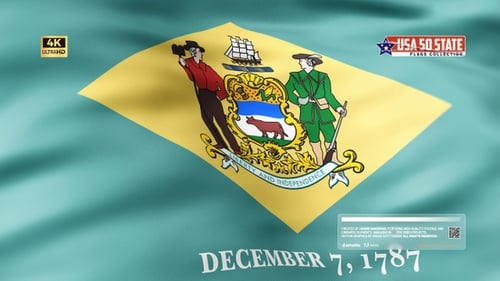 Realistic Waving Flag of Delaware State with Emblem