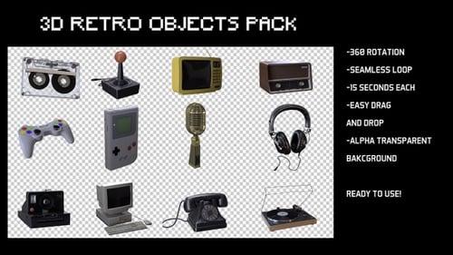 Animated 3D Retro Technology Objects Pack with Alpha Channel