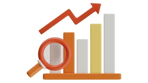 3D Business Growth Chart with Magnifying Glass and Rising Arrow