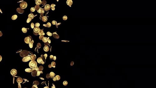 4K 3D Falling down the gold bitcoins on a green backgrounds.